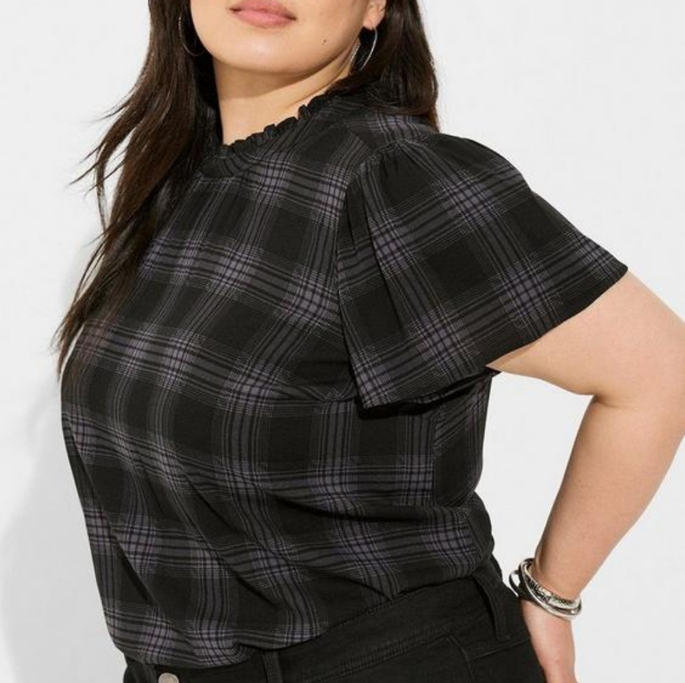 Torrid Rayon Slub Mock Neck Flutter Sleeve Top